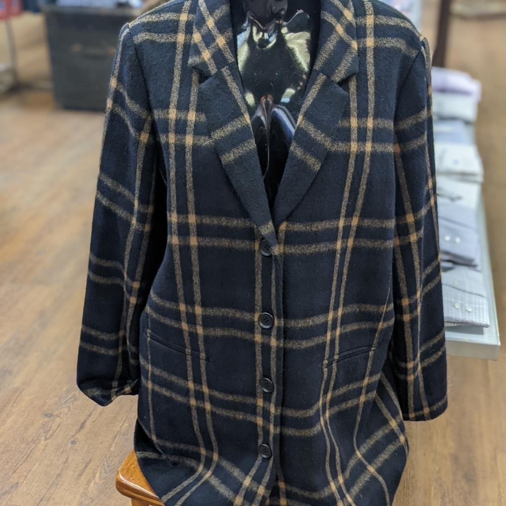 Velvet Plaid Wool Coat - L - Navy